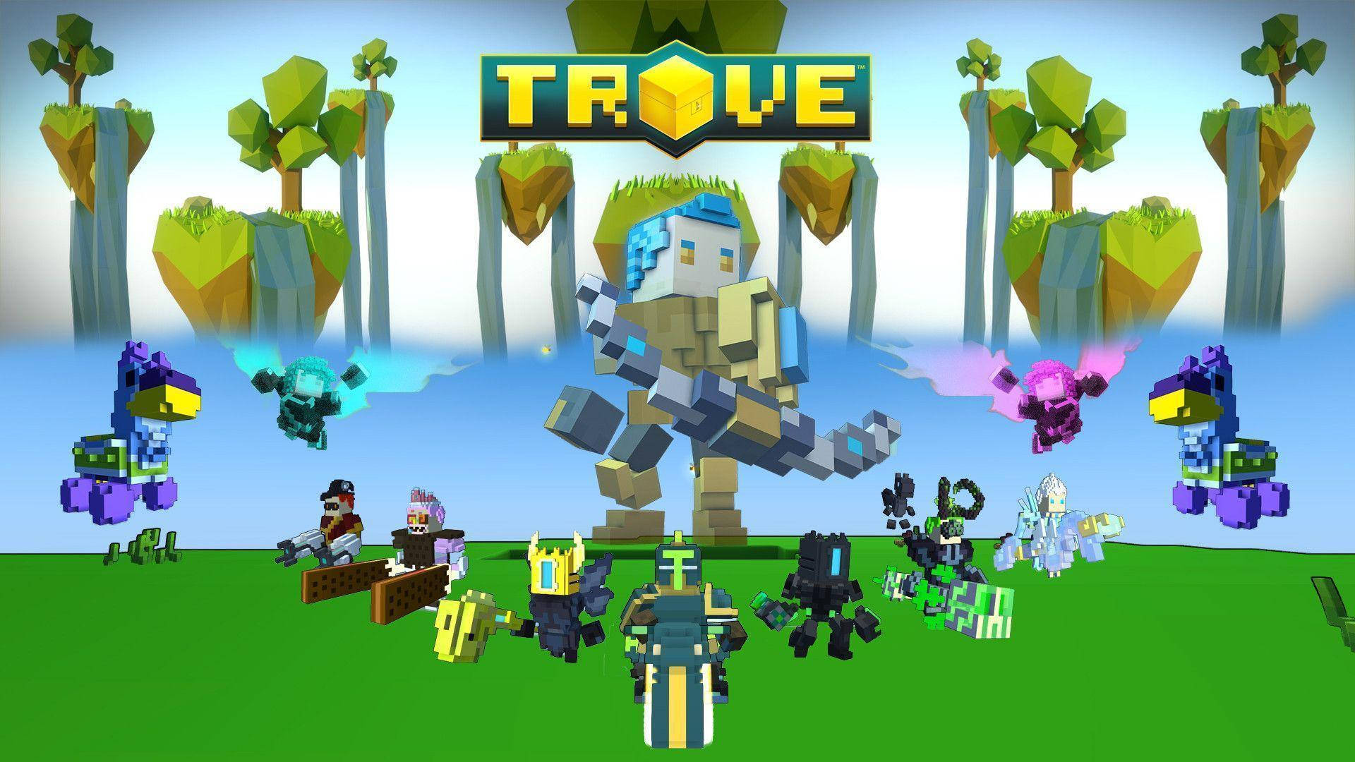 電玩遊戲 桌布 壁紙 — 來自 Trove 的充滿活力的像素藝術場景，色彩繽紛的方塊角色和生物在一個有浮島的明亮開放世界中。