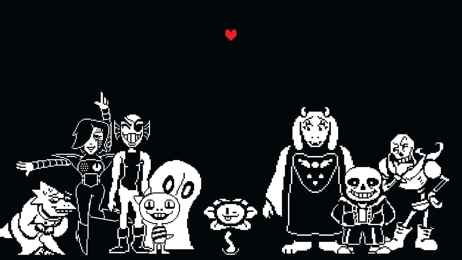 Undertale 桌布 壁紙 — 來自 Undertale 的像素藝術角色站在黑色虛空中，一顆紅色心形漂浮在他們上方。