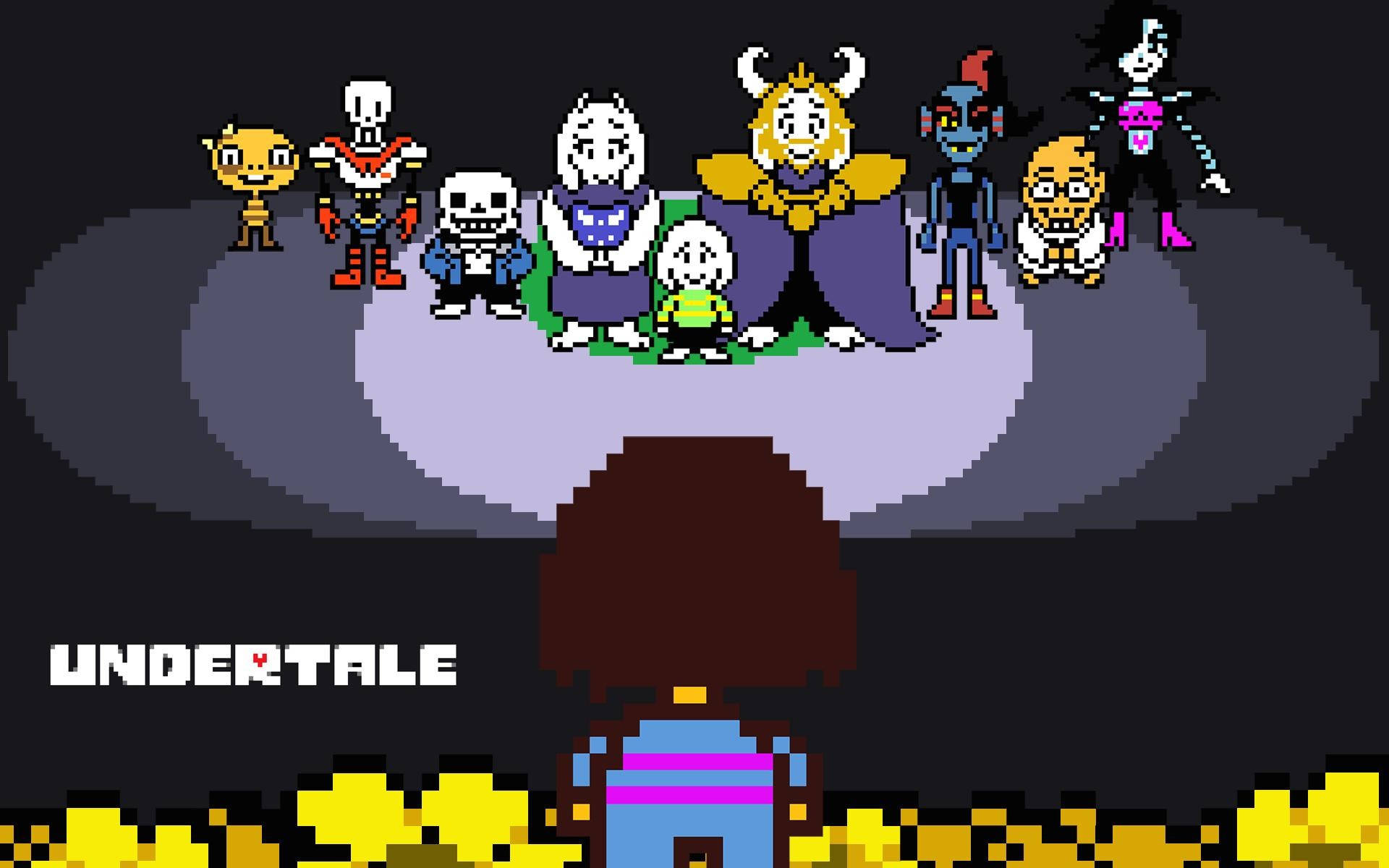 Mettaton 桌布 壁紙 — 來自 Undertale 的像素角色在聚光燈下圍成一個圓圈，而玩家角色從背後面對他們。