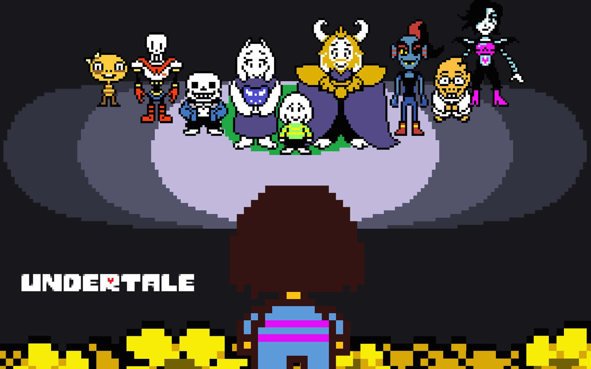 Undertale Desktop 桌布 壁紙 — 來自 Undertale 的像素藝術場景，顯示一群色彩繽紛的角色站在聚光燈下的發光平台上。