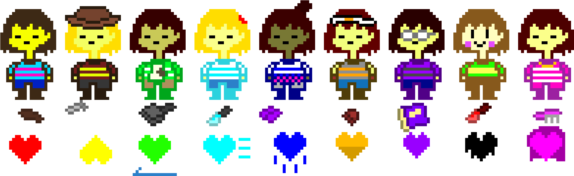 靈魂 桌布 壁紙 — 來自 Undertale 的像素藝術角色排成一排，下方有心形和符號，背景為黑色。