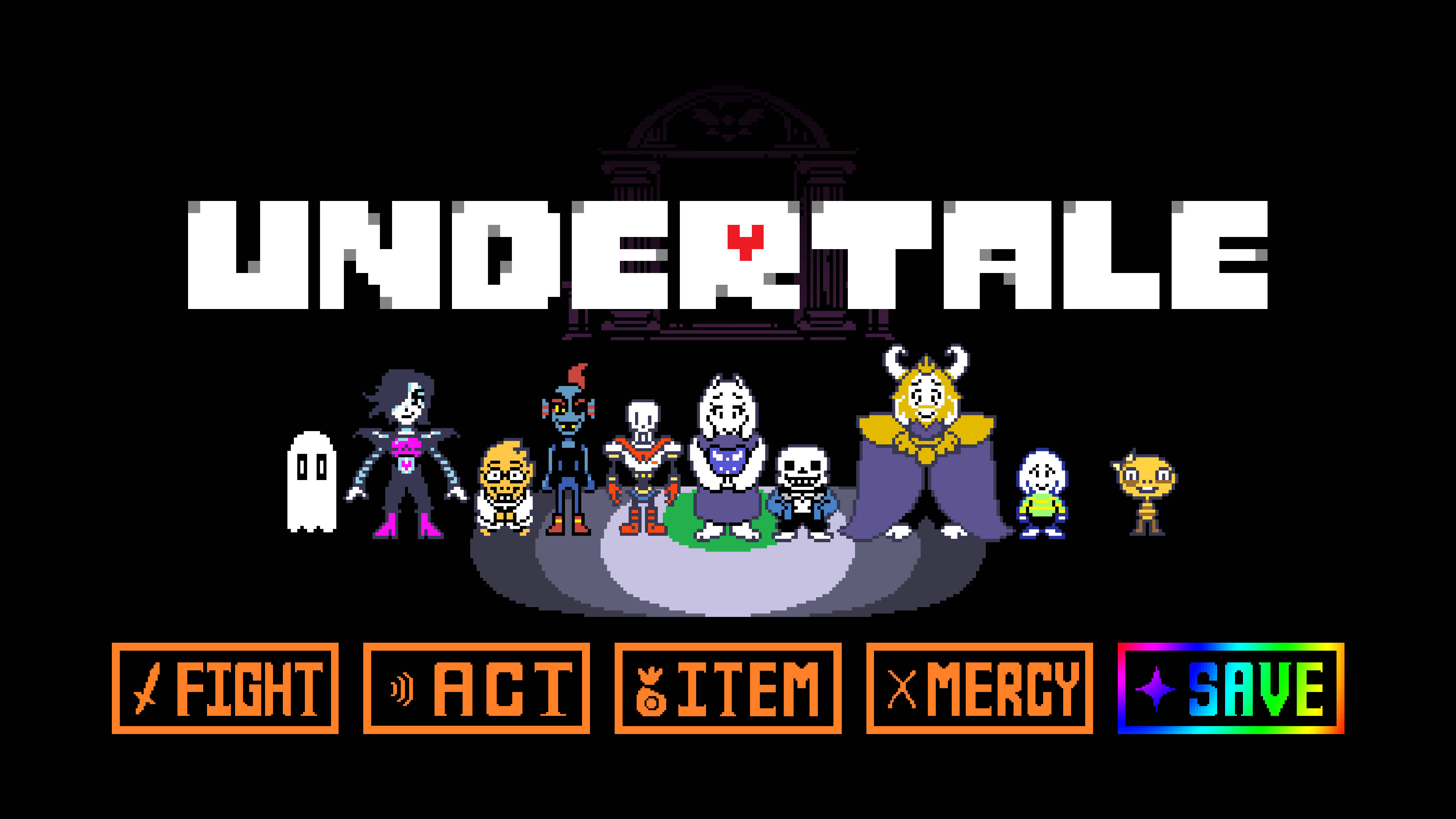 Undertale 桌布 壁紙 — 來自 Undertale 的像素藝術角色站在一個帶有 fight act item mercy save 選項的選單前。