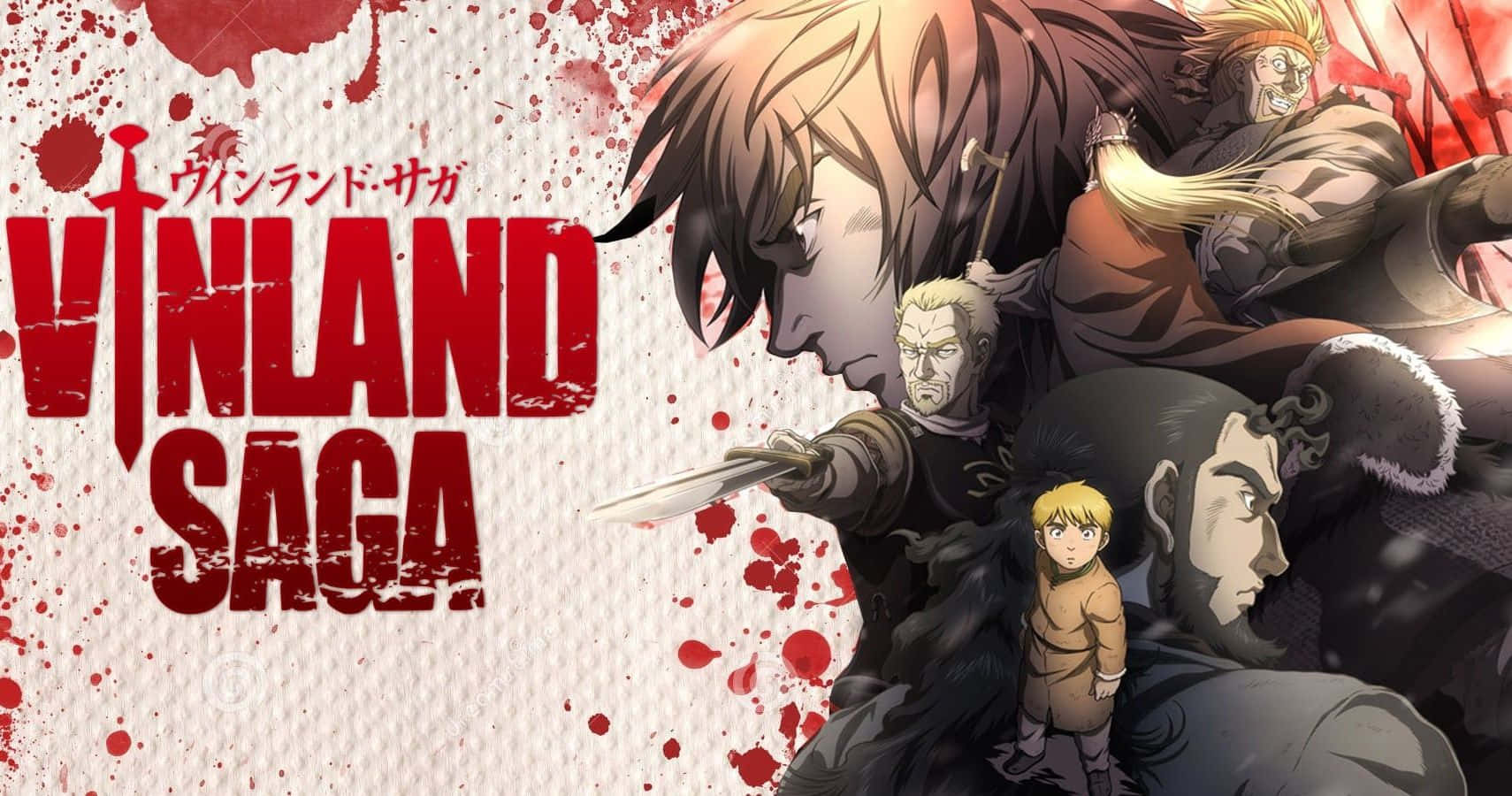 文蘭傳奇 桌布 壁紙 — 來自《Vinland Saga》的動漫角色以戲劇性的構圖站立，帶有血跡和粗體紅色標題文字。