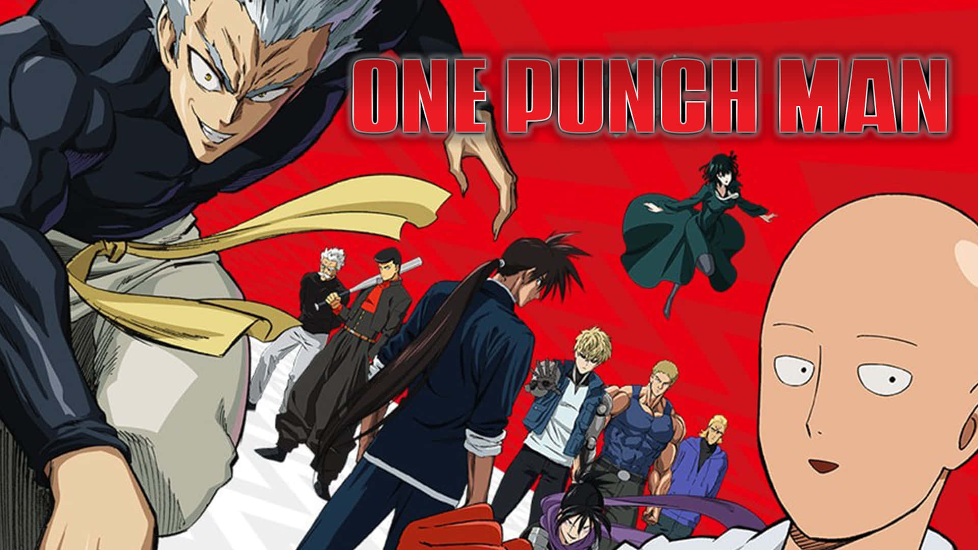 One Punch Man Season 2 桌布 壁紙 — 來自《一拳超人》的動態動漫角色，在鮮明的紅色背景前以英雄姿態擺出漫畫般的能量姿勢。