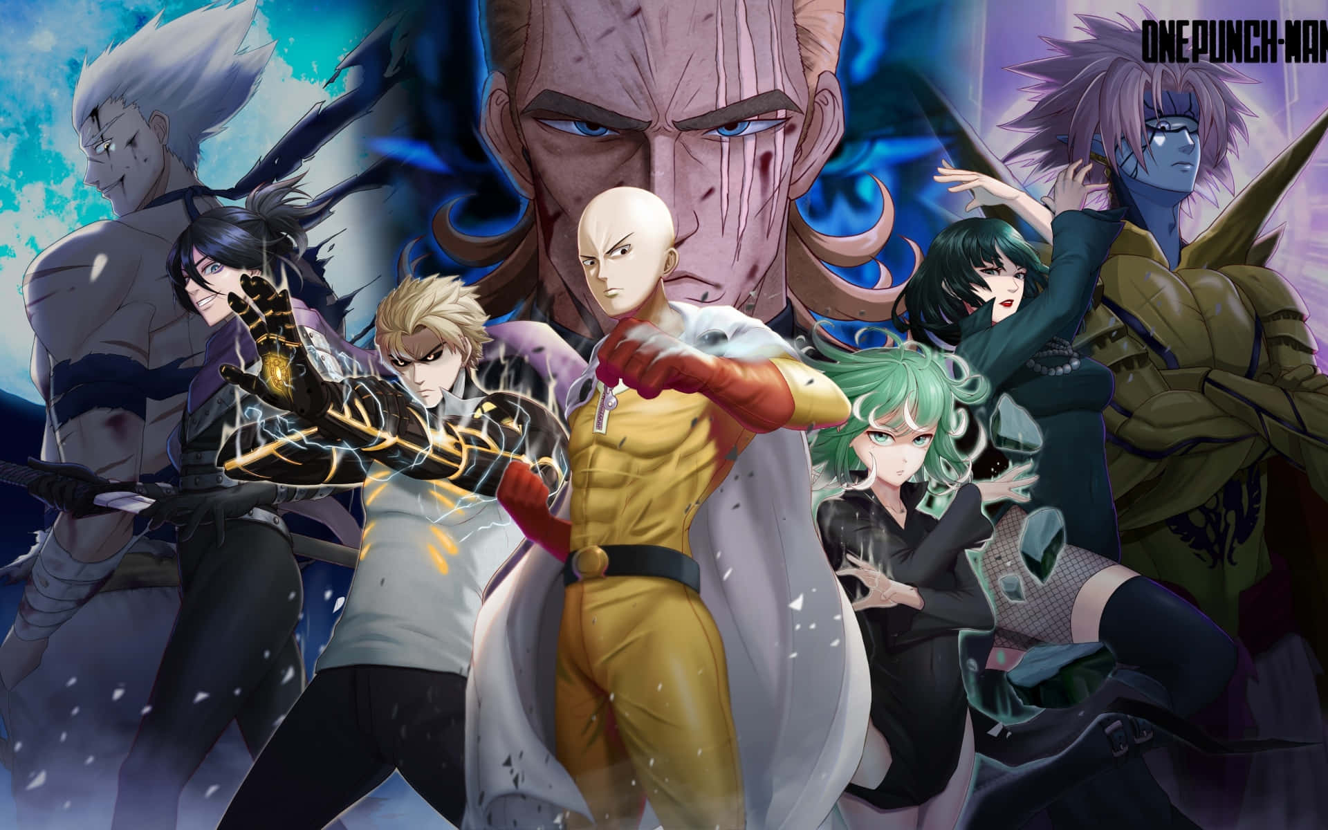 Best Anime 桌布 壁紙 — 來自《一拳超人》的動態動漫角色在暴風雨般的藍色背景上以發光能量效果英勇地擺出姿勢。
