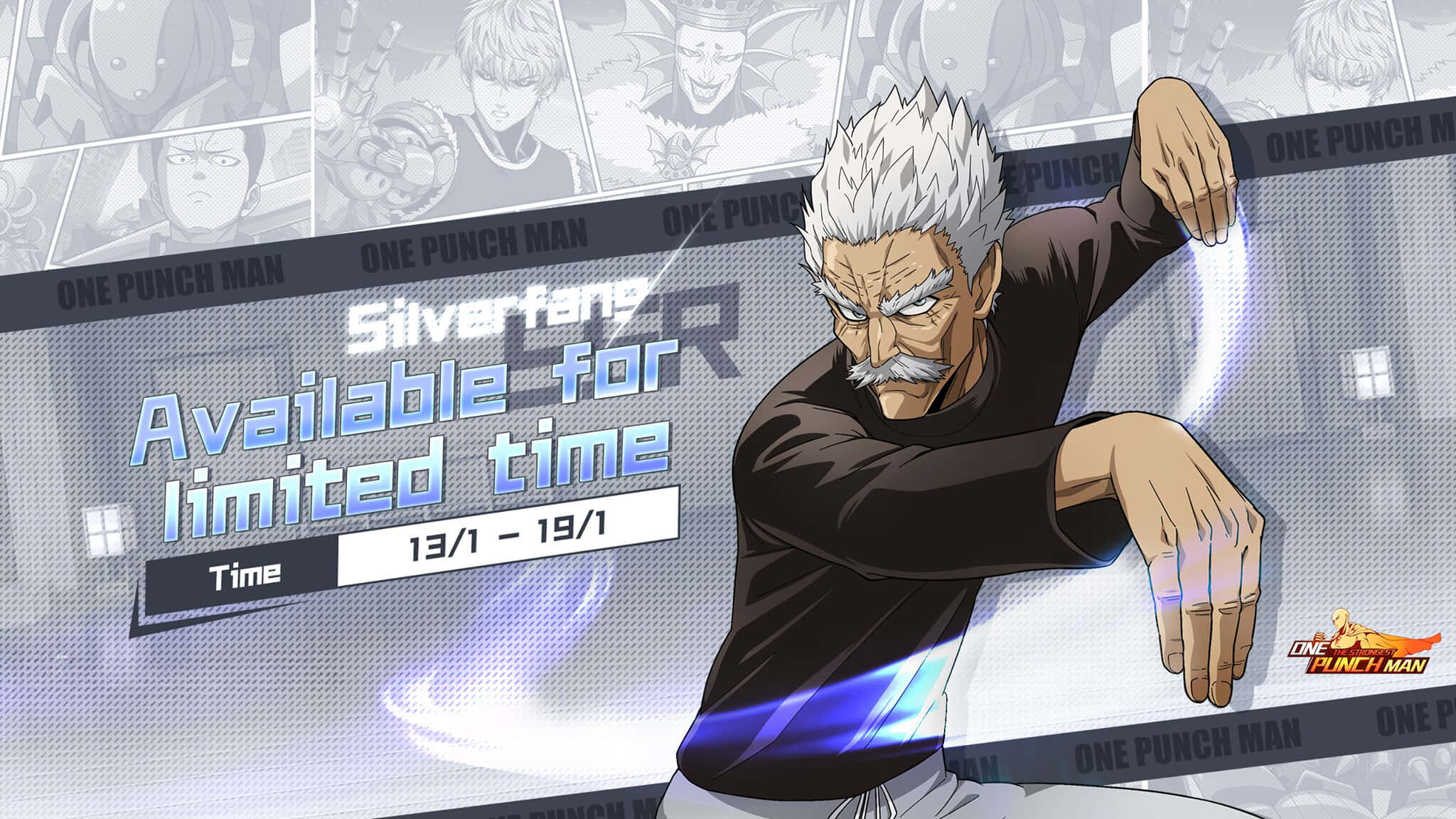 Silverfang 桌布 壁紙 — 來自《一拳超人》的銀色獠牙在漫畫面板背景前擺出動態姿勢，伴隨著發光的藍色能量效果。