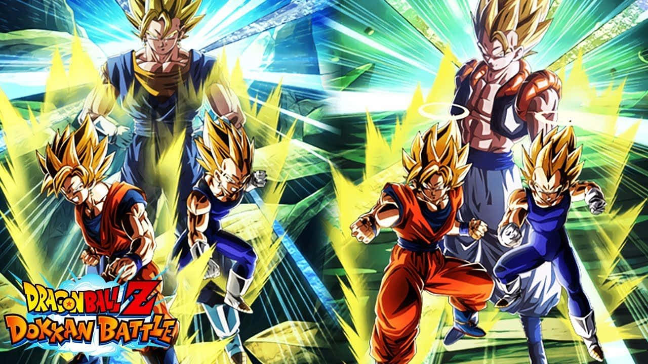 Gogeta And Vegito 桌布 壁紙 — 來自《七龍珠Z 激戰》的六個超級賽亞人角色，在充滿活力的綠色和黃色閃電背景前，以動態戰鬥姿勢爆發能量。