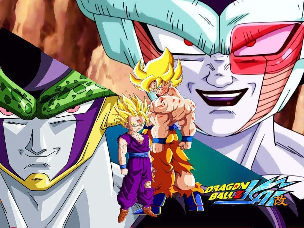 Dragon Ball Z Kai 桌布 壁紙 — 來自《七龍珠Z》的動漫角色以強烈的表情，在兩個巨大敵人的背景下挑釁地站立。