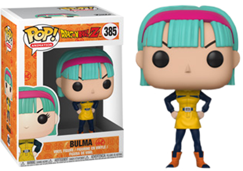 龍珠Z 桌布 壁紙 — 來自《七龍珠Z》的布瑪Funko Pop!人偶，身穿標誌性黃色服裝，搭配青綠色頭髮和粉紅色頭帶。