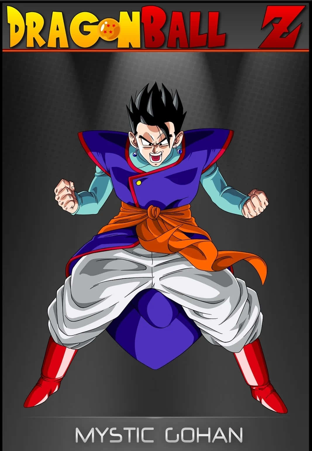 Mystic Gohan 桌布 壁紙 — 來自《七龍珠Z》的悟飯（神秘形態）以強勁的戰鬥姿勢站立，背景為黑暗的聚光燈效果。