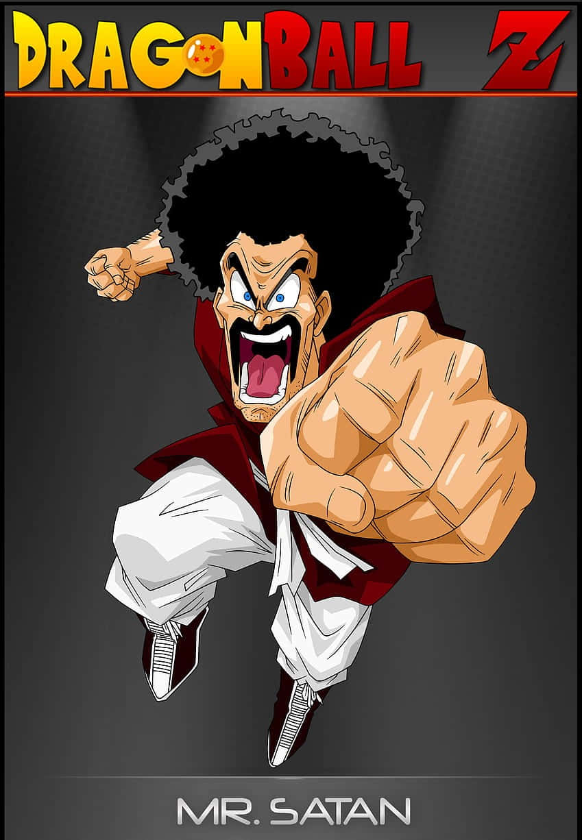 Hercule Satan 桌布 壁紙 — 來自《七龍珠Z》的撒旦先生在一張深灰色背景前，以充滿動感的動漫姿勢向前猛衝，憤怒地咆哮。