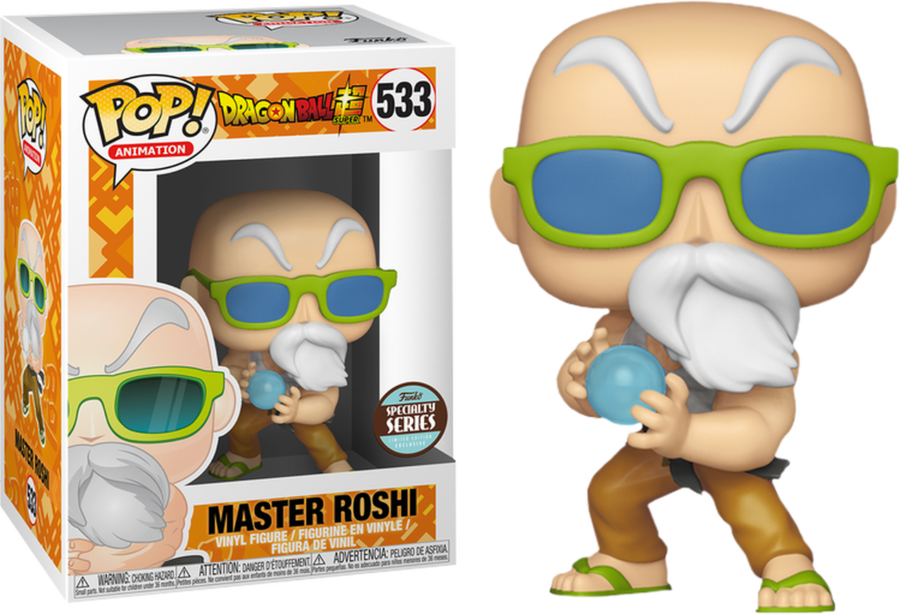 Clip Art 桌布 壁紙 — 來自《七龍珠Z》的龜仙人Funko Pop! 乙烯基公仔，戴著綠色太陽眼鏡，手持藍色球體，旁邊是其收藏盒。