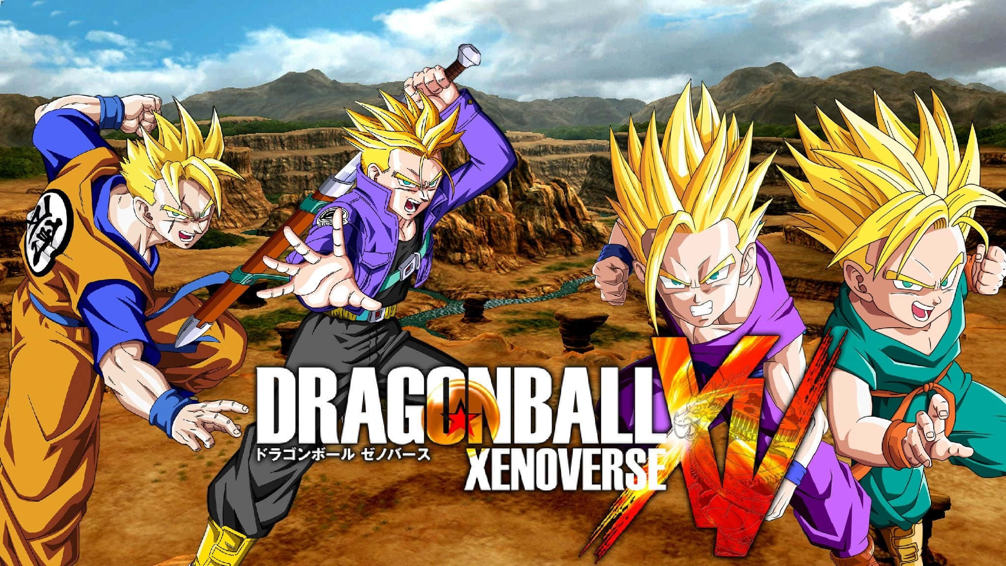 Teen Gohan 桌布 壁紙 — 來自《七龍珠異戰》的四個超級賽亞人角色在多雲天空下的岩石沙漠景觀中動態擺姿勢。