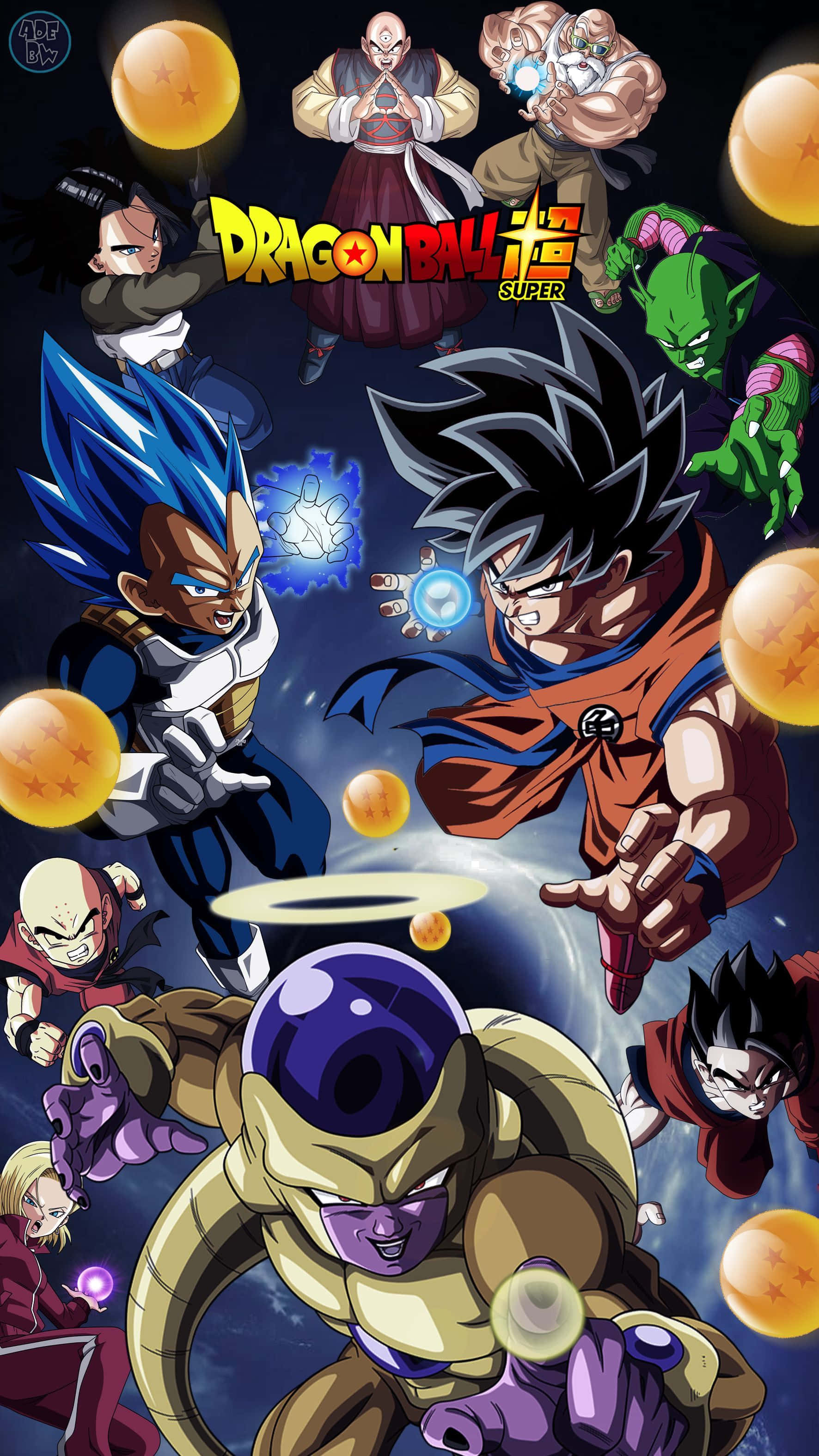 Dragon Ball iPhone 桌布 壁紙 — 來自《七龍珠超》的動態動漫角色在宇宙背景下於漂浮的金色球體之間戰鬥。