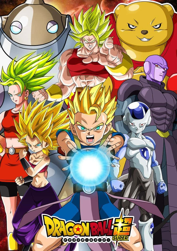 Dragon Ball Super Universe 6 桌布 壁紙 — 來自《七龍珠超》的動態動漫角色在熾熱的宇宙背景下英勇擺出姿勢，帶有發光能量效果。