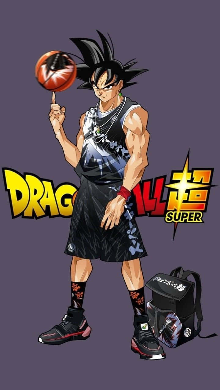 Dragon Ball Z Phone 桌布 壁紙 — 來自《七龍珠超》的動畫角色悟空以動態姿勢在紫色背景上用手指旋轉籃球。