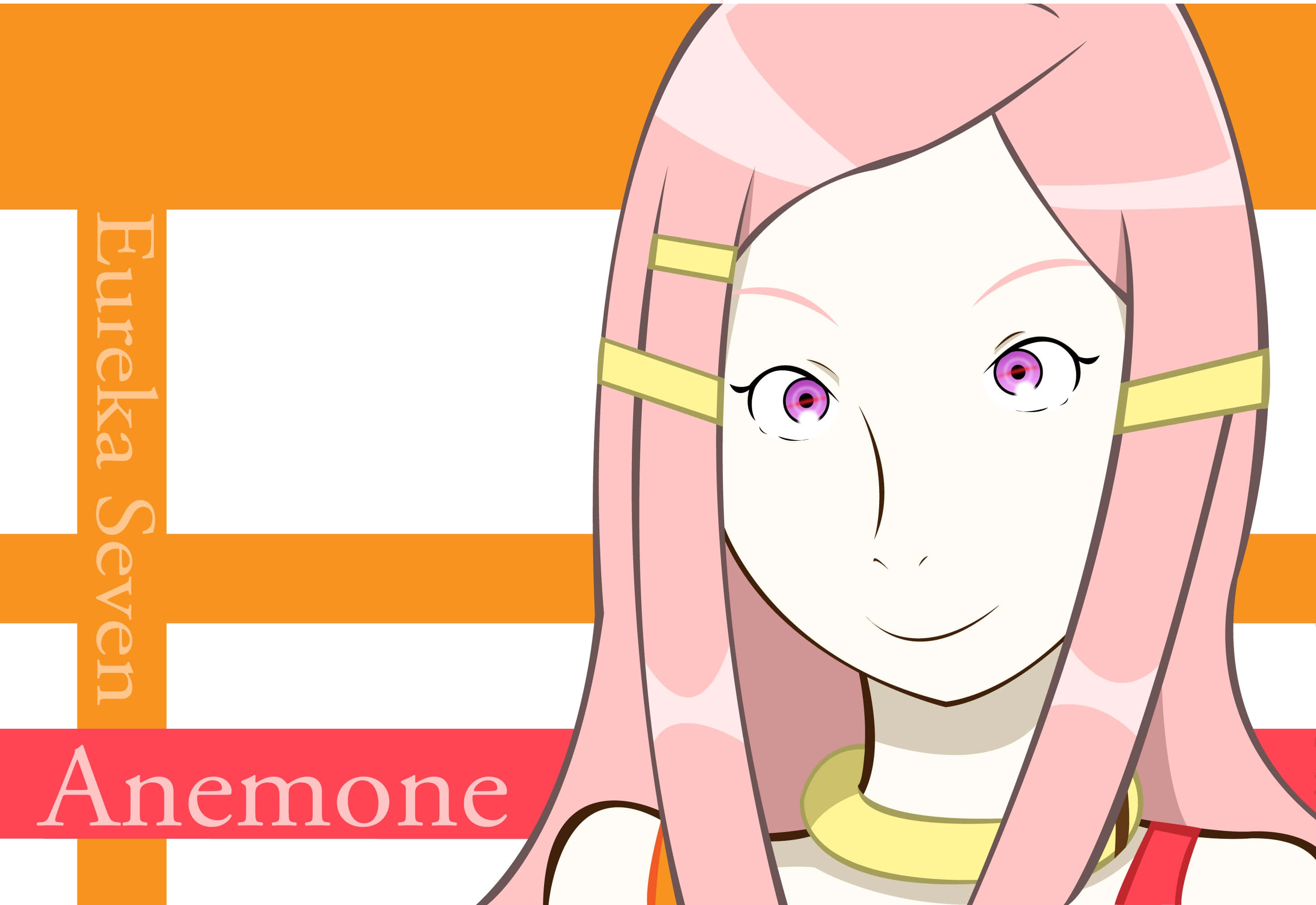 Eureka Seven Anemone 桌布 壁紙 — 來自《交響詩篇》的動畫角色安妮莫內，粉紅色頭髮和紫色眼睛，在橙白條紋背景前微笑。