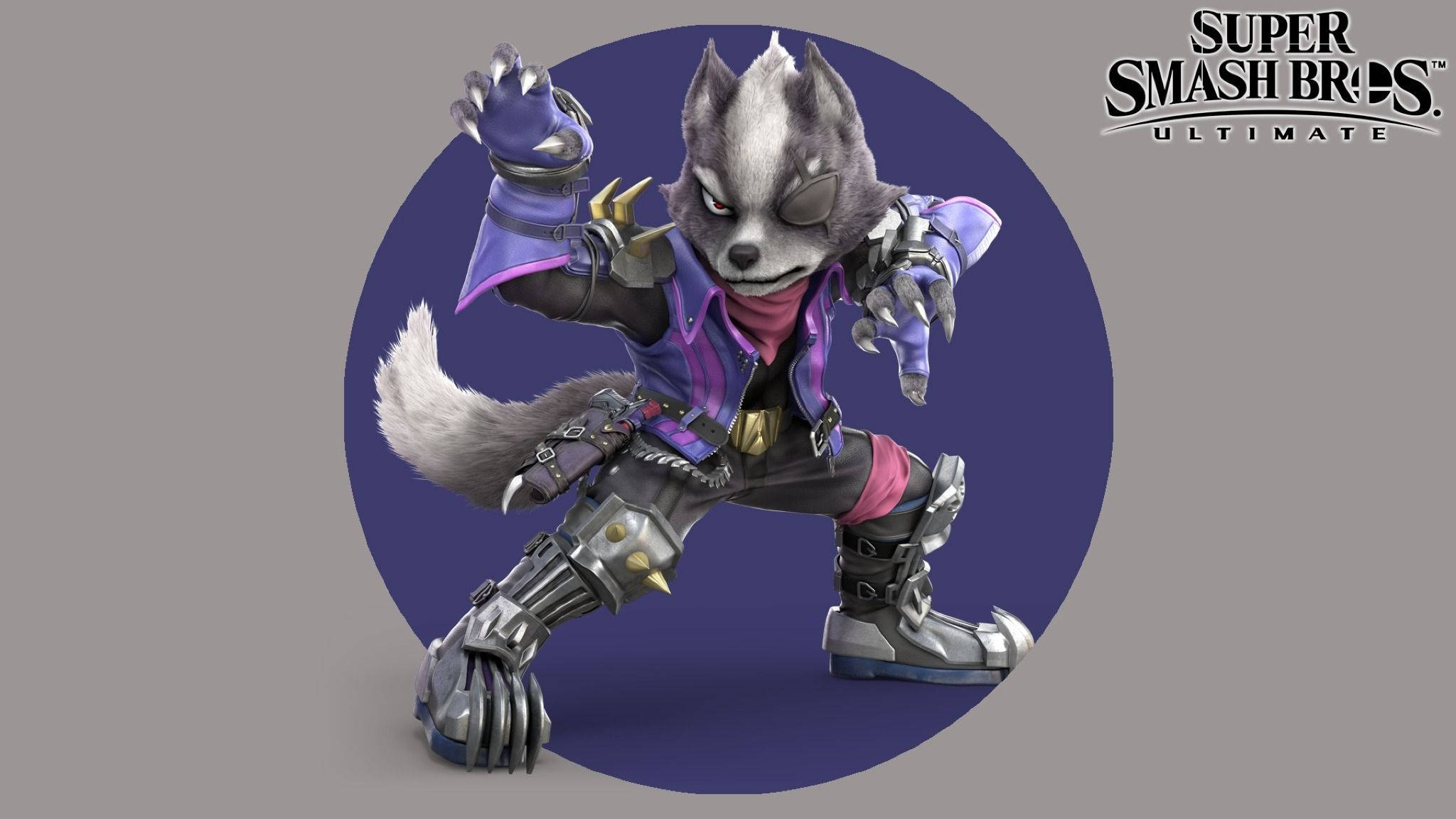 Smash Bros Ultimate 桌布 壁紙 — 來自《任天堂明星大亂鬥 特別版》的狼角色在灰色背景上的紫色圓圈中動態擺姿勢。