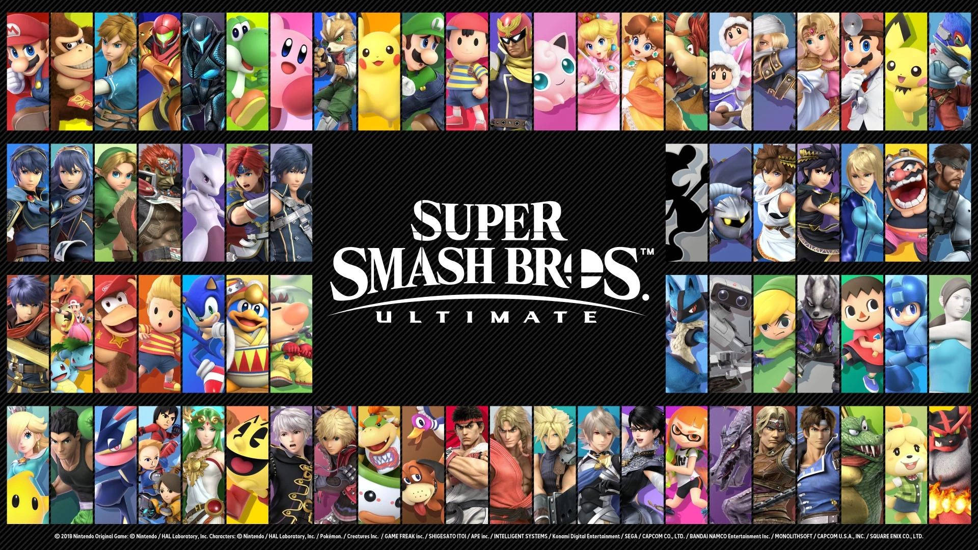 Smash Bros Ultimate 桌布 壁紙 — 來自《任天堂明星大亂鬥 特別版》的標誌性電子遊戲角色以充滿活力的網格排列，自豪地矗立在黑色碳纖維背景上。
