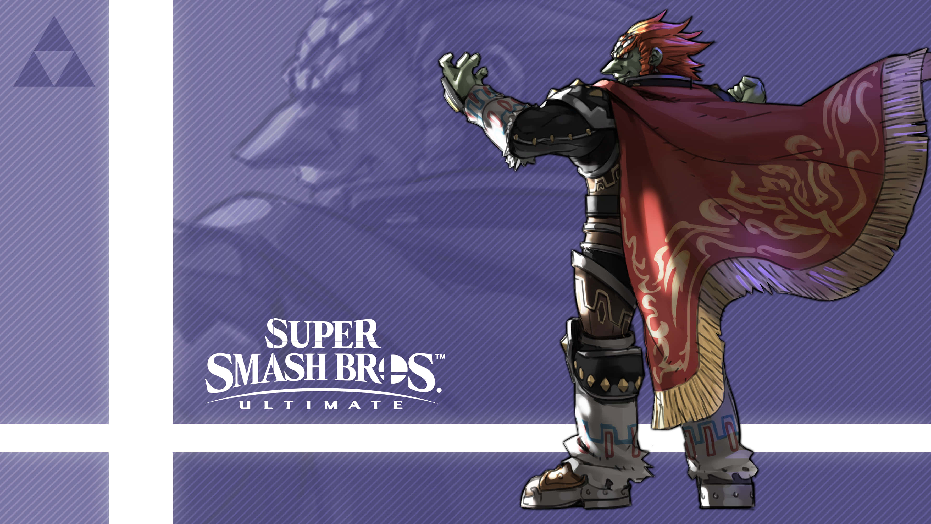 Ganondorf 桌布 壁紙 — 來自《任天堂明星大亂鬥 特別版》的加儂多夫以動態姿勢站立，背景為紫色並帶有遊戲標誌。