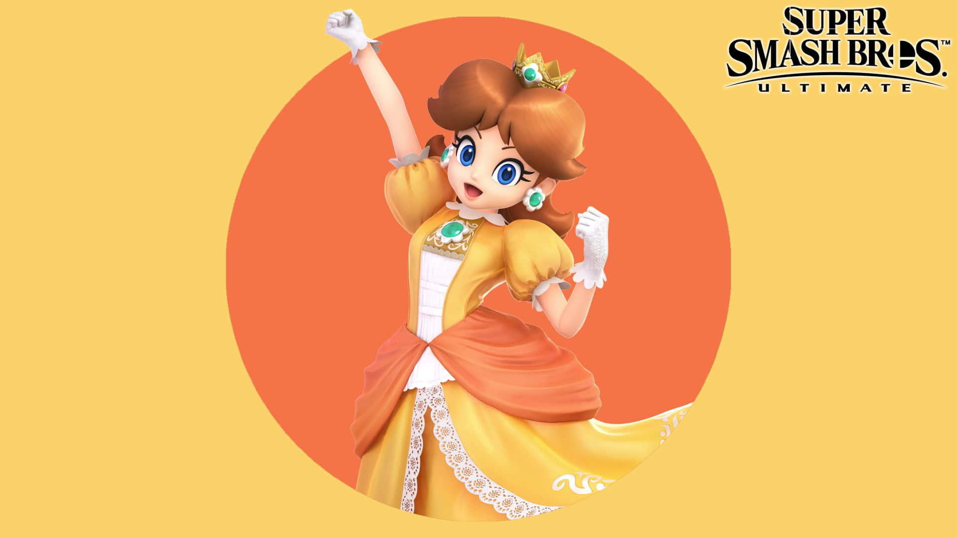 Princess Daisy 桌布 壁紙 — 來自《任天堂明星大亂鬥 特別版》的黛西，身穿黃色與橙色長裙，在溫暖的圓形背景前擺出歡樂的姿勢。