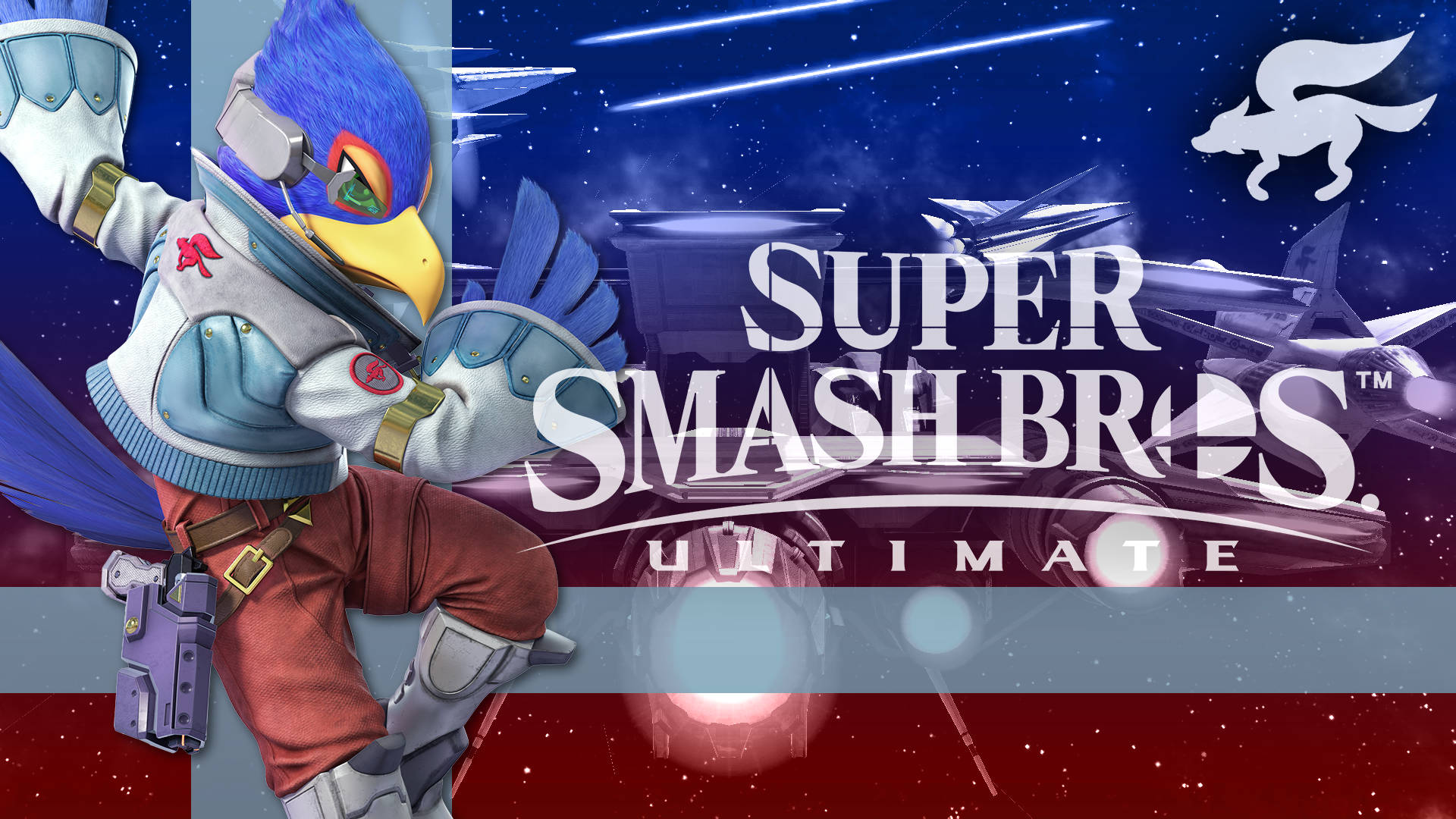 Smash Bros Ultimate 桌布 壁紙 — 來自《任天堂明星大亂鬥 特別版》的 Falco Lombardi 在宇宙背景下與戰鬥機和星域動態擺姿勢。