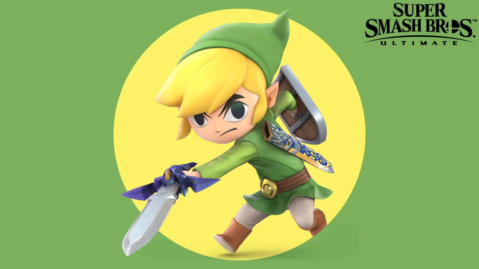 Toon Link 桌布 壁紙 — 來自《任天堂明星大亂鬥 特別版》的綠色裝束林克，手持劍與盾，背景為綠色上的黃色圓形。