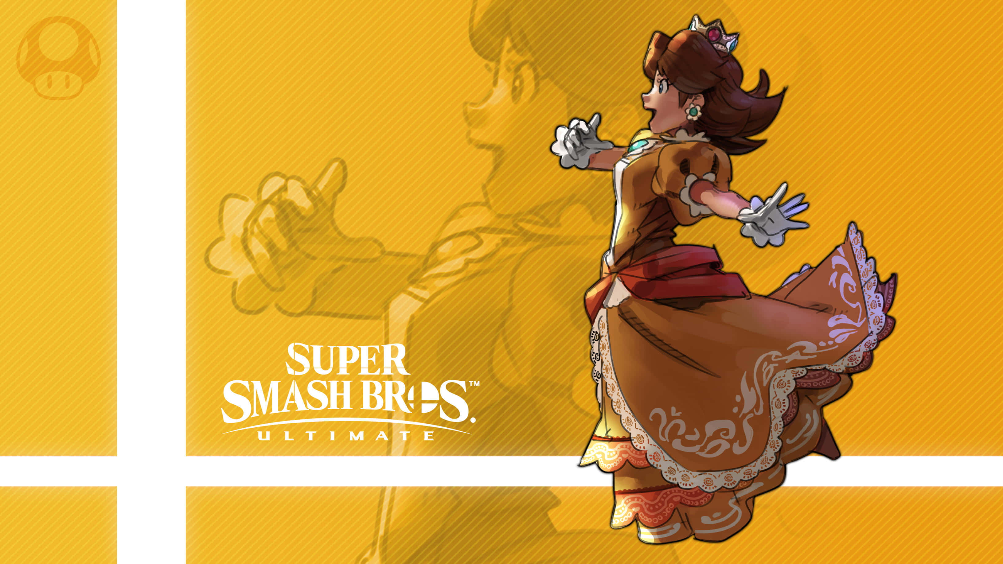 Princess Daisy 桌布 壁紙 — 來自《任天堂明星大亂鬥 特別版》的黛西，身穿棕色連衣裙，在鮮黃色背景和遊戲標誌前擺出動感姿勢。