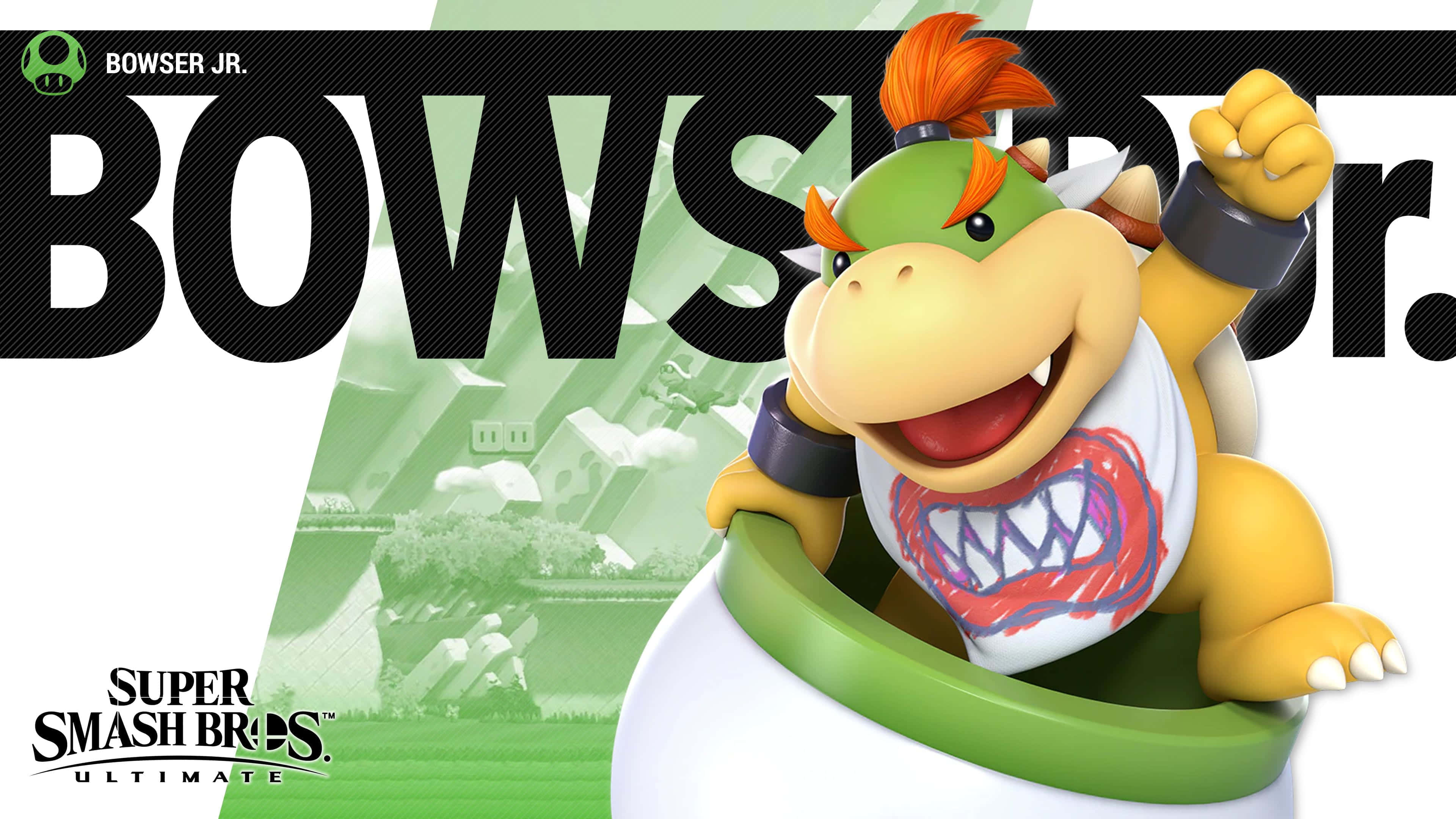 Bowser Jr 桌布 壁紙 — 來自《任天堂明星大亂鬥 特別版》的庫巴Jr.在綠色龜殼中帶著塗鴉風格的圍兜露出勝利的微笑。