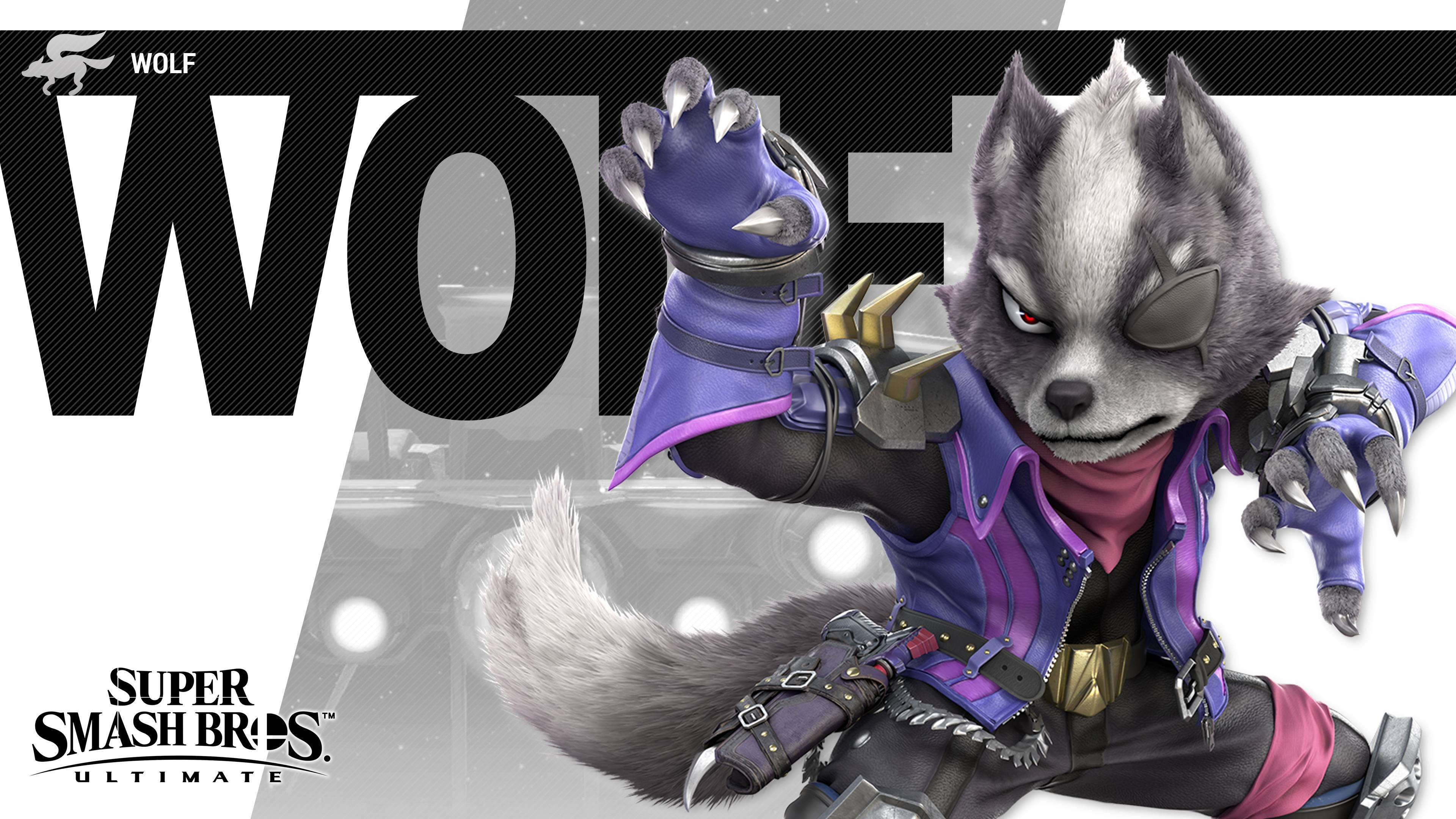 Smash Bros Ultimate 桌布 壁紙 — 來自《任天堂明星大亂鬥 特別版》的狼角色以帶有紫色點綴和機械手套的風格化戰士服裝動態擺姿勢。