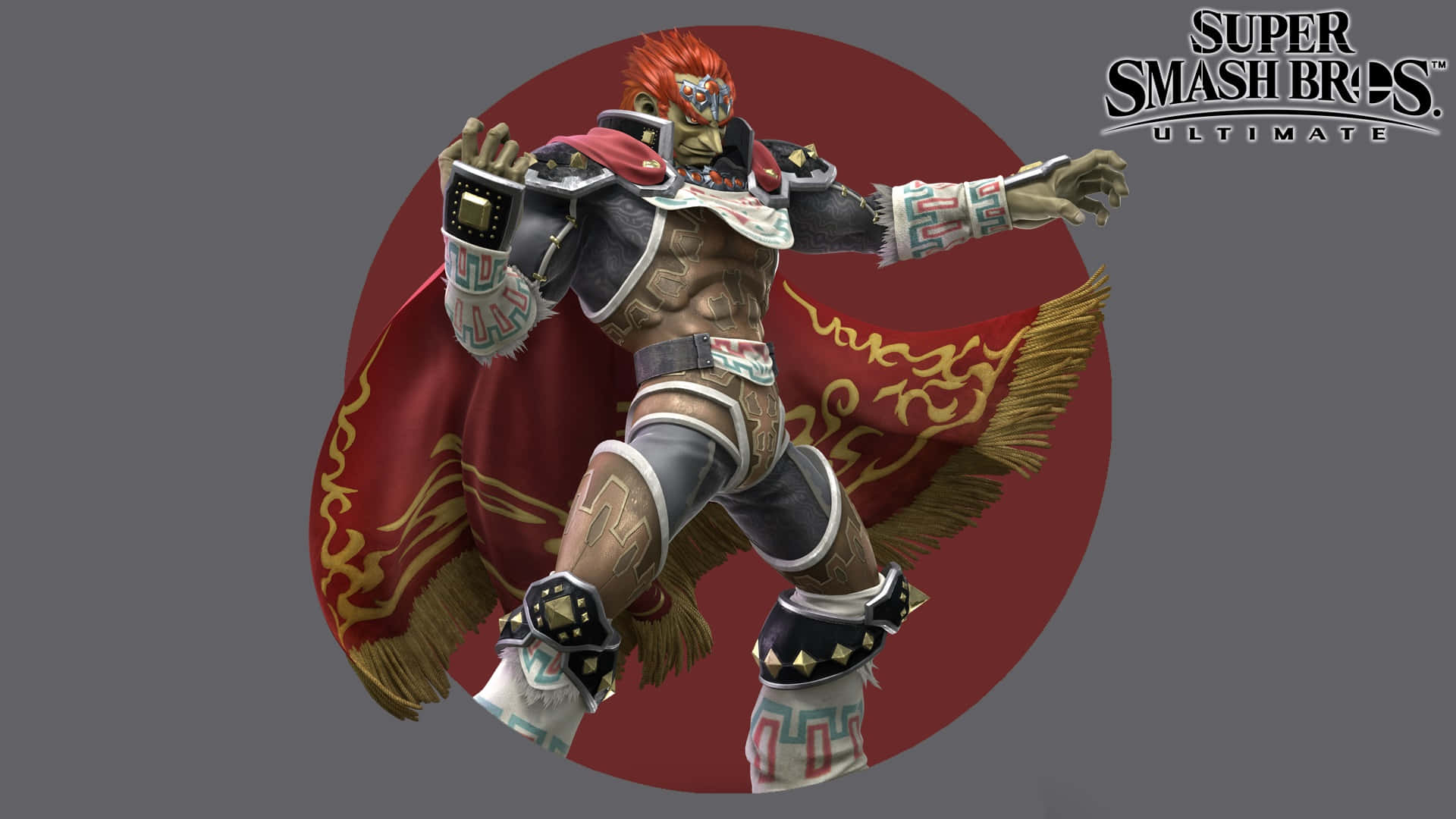 Ganondorf 桌布 壁紙 — 來自《任天堂明星大亂鬥 特別版》的肌肉發達加儂多夫，在灰色背景上的紅色圓形框架內動態站立。