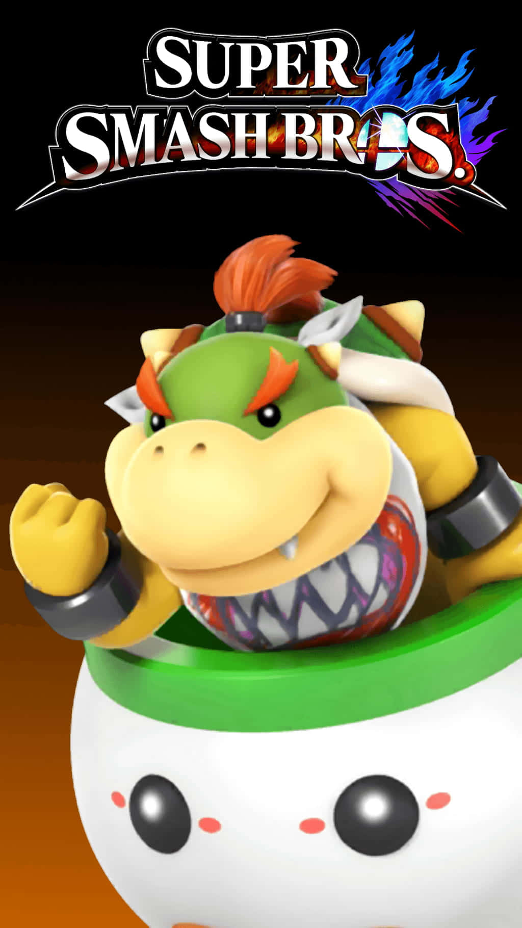 Bowser Jr 桌布 壁紙 — 來自《任天堂明星大亂鬥》的庫巴Jr. 乘坐他的庫巴小丑車，帶著兇猛的笑容和火焰背景。