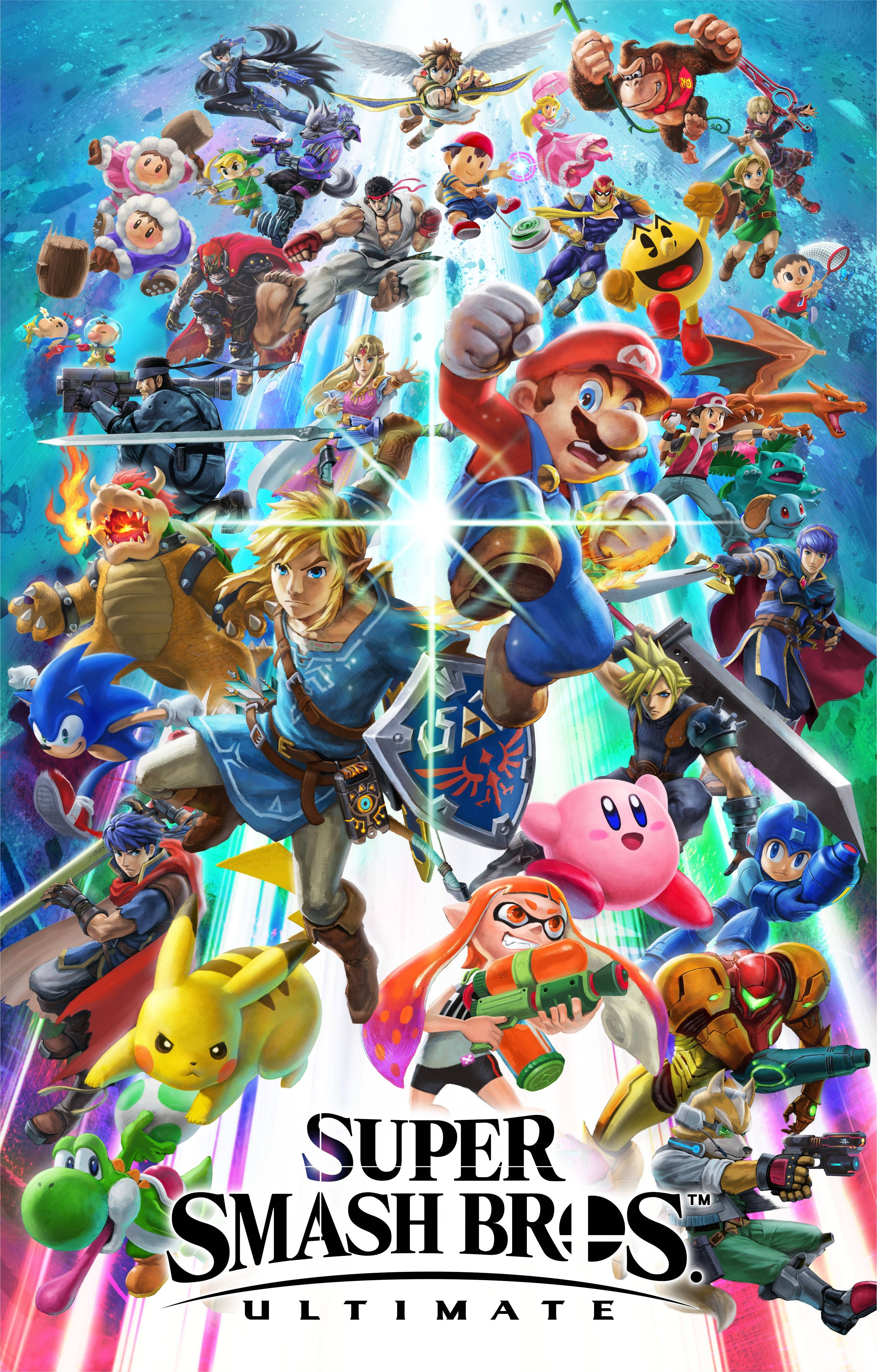 Smash Bros Ultimate 桌布 壁紙 — 來自《任天堂明星大亂鬥 終極版》的標誌性電子遊戲角色在充滿活力的多彩競技場中跳躍和戰鬥的動態爆炸。