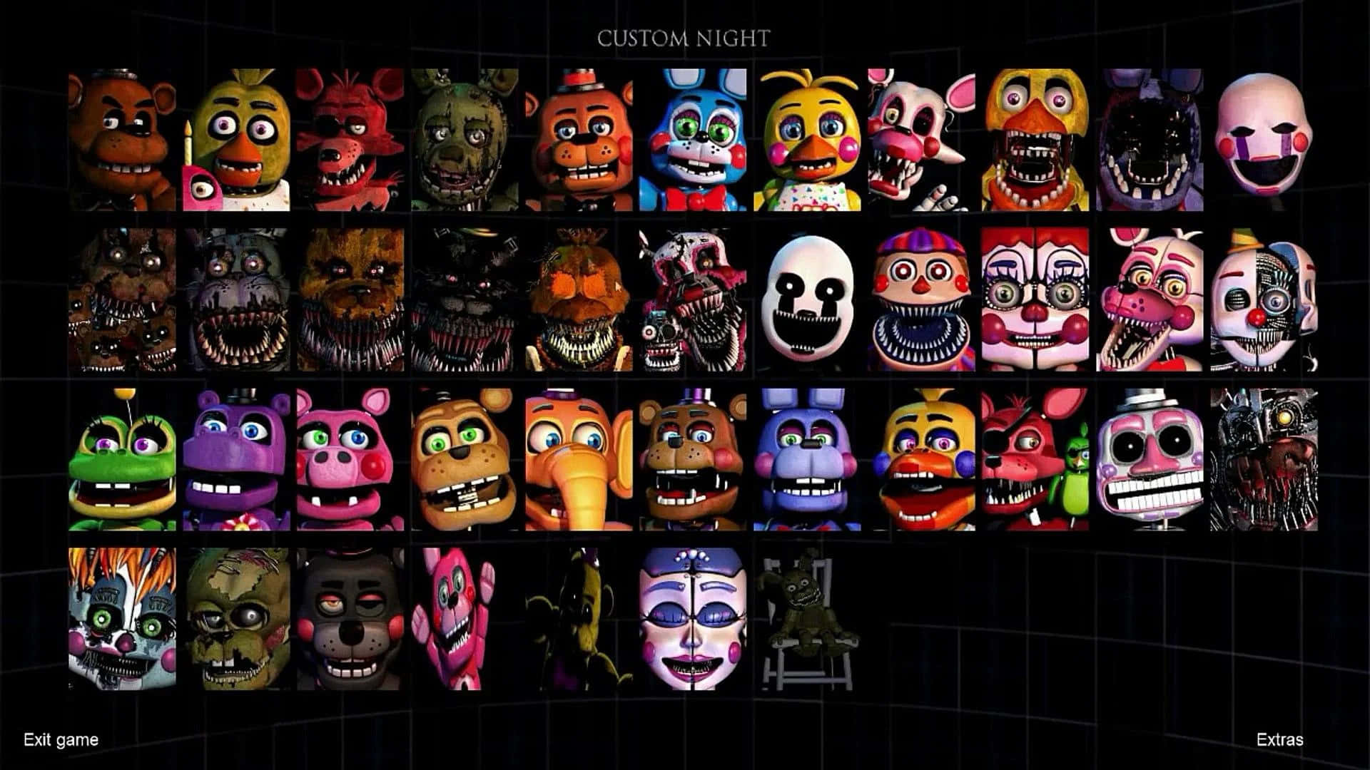 Ultimate Custom Night 桌布 壁紙 — 來自《佛萊迪的五夜驚魂》的威脅性電子動畫面孔網格，在黑暗網格背景上發光。