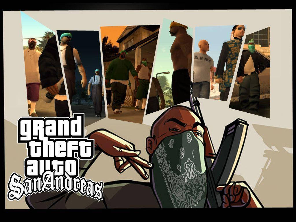 GTA 聖安地列斯 桌布 壁紙 — 來自《俠盜獵車手：聖安地列斯》的 gritty 城市場景拼貼， featuring 蒙面角色和一個持槍的中心人物。