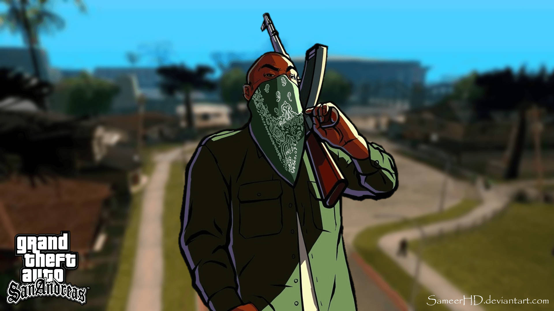 GTA 聖安地列斯角色戴頭巾和步槍在郊區街道 — 槍枝 GIF 壁紙