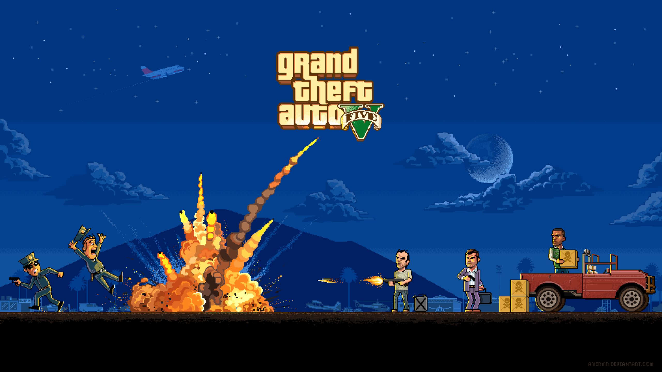 Grand Theft Auto V 桌布 壁紙 — 來自《俠盜獵車手V》的像素藝術爆炸場景，在星空下，有角色和一輛紅色汽車。
