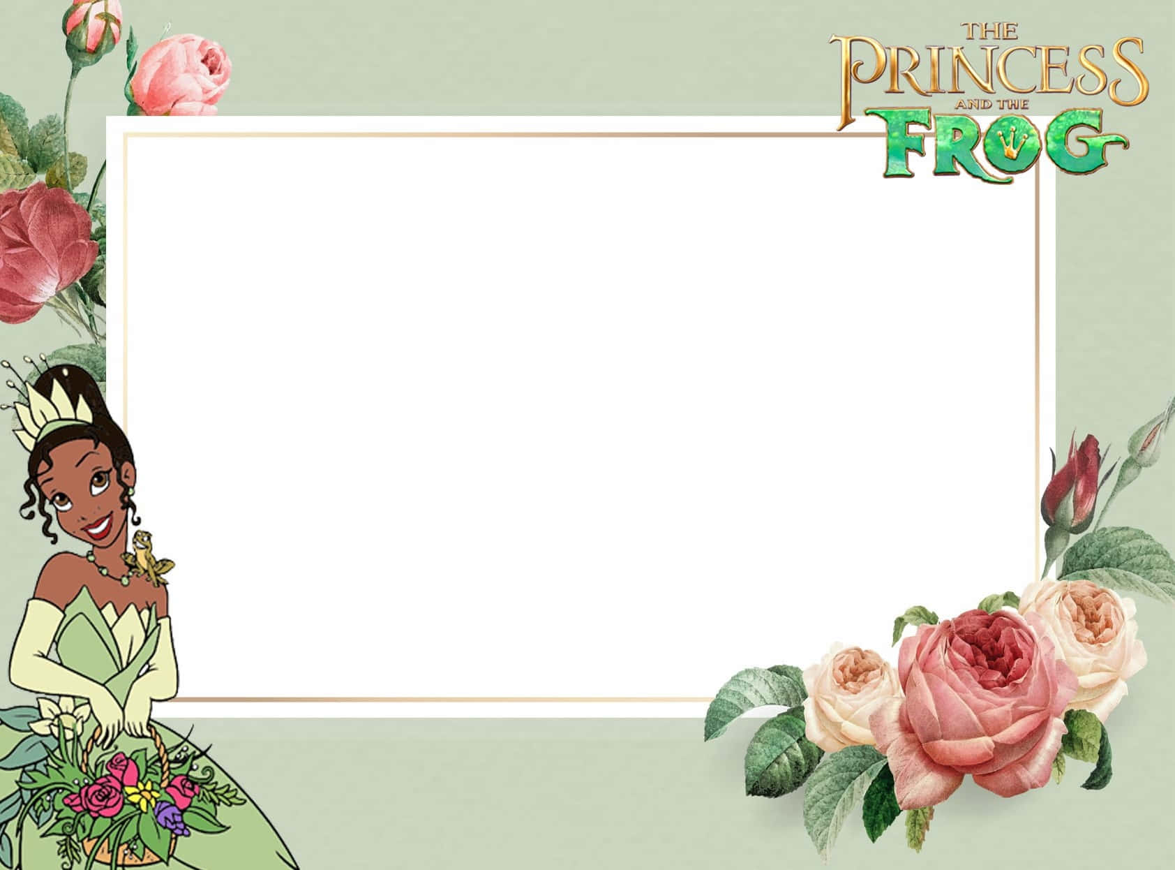 princess and the frog 桌布 壁紙 — 來自《公主與青蛙》的裝飾框架，蒂安娜手持鮮花，粉紅玫瑰點綴角落。