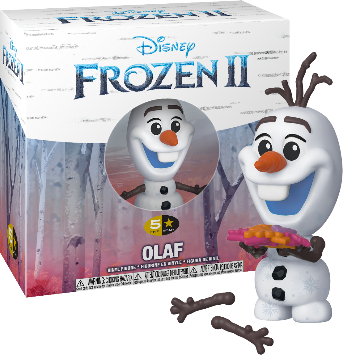 雪寶 桌布 壁紙 — 來自《冰雪奇緣2》的快樂雪人奧拉夫（Olaf）塑像站在他的收藏盒旁邊，背景是雪森林。