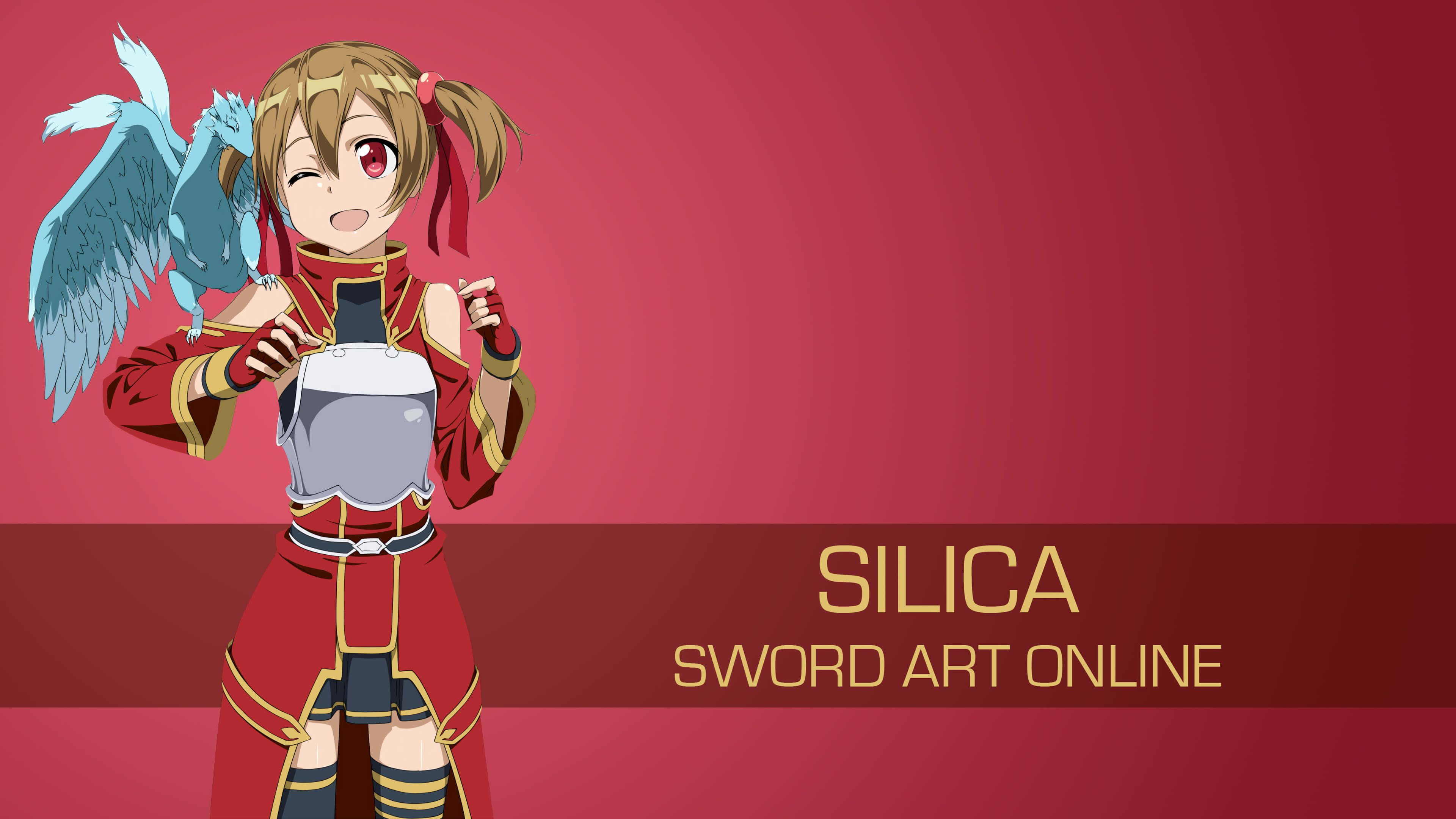 Sword Art Online Silica 桌布 壁紙 — 來自《刀劍神域》的動漫角色 Silica 身穿紅色盔甲，肩上有一隻藍色翅膀的生物，背景為漸變紅色。