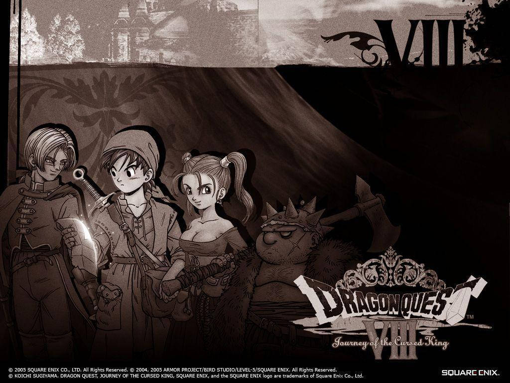 黑白奇幻冒險場景中的《勇者鬥惡龍 VIII》角色。