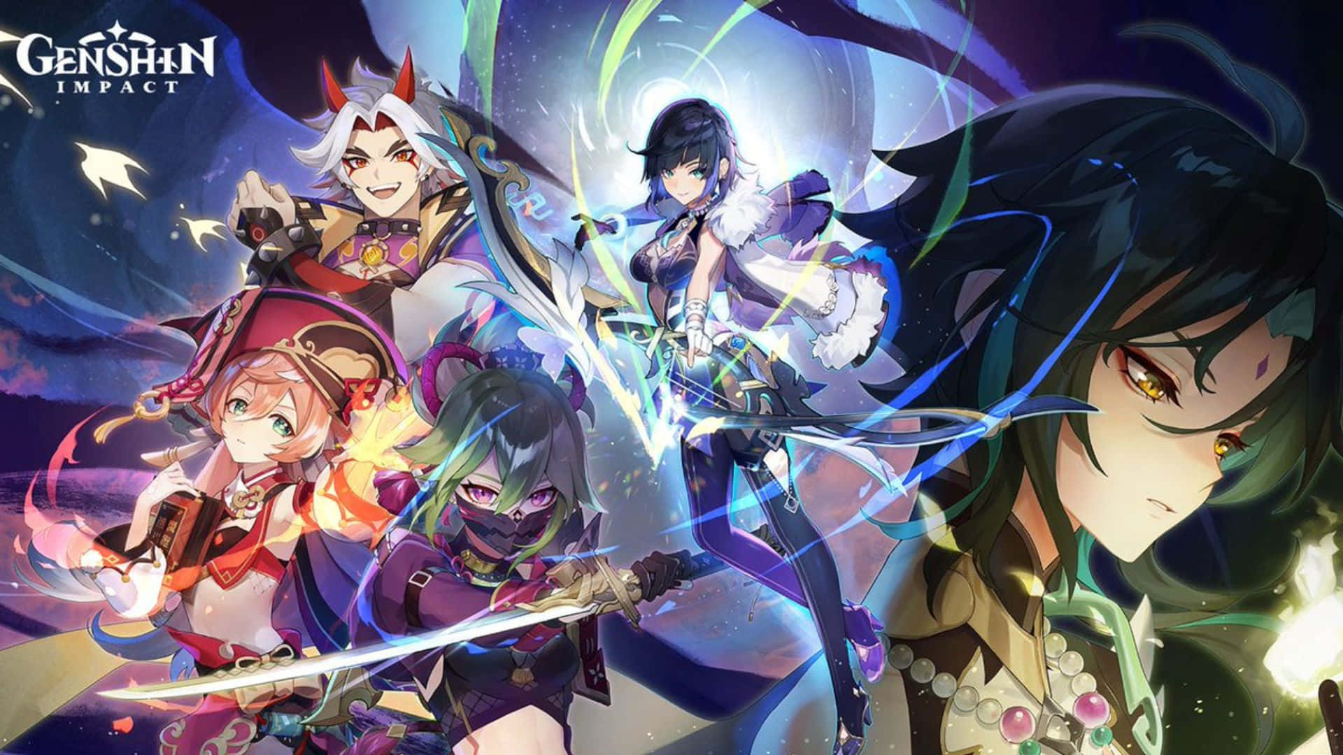 Genshin Impact Characters 桌布 壁紙 — 來自《原神》的鮮豔動漫角色在動態宇宙戰鬥場景中釋放魔法能量。