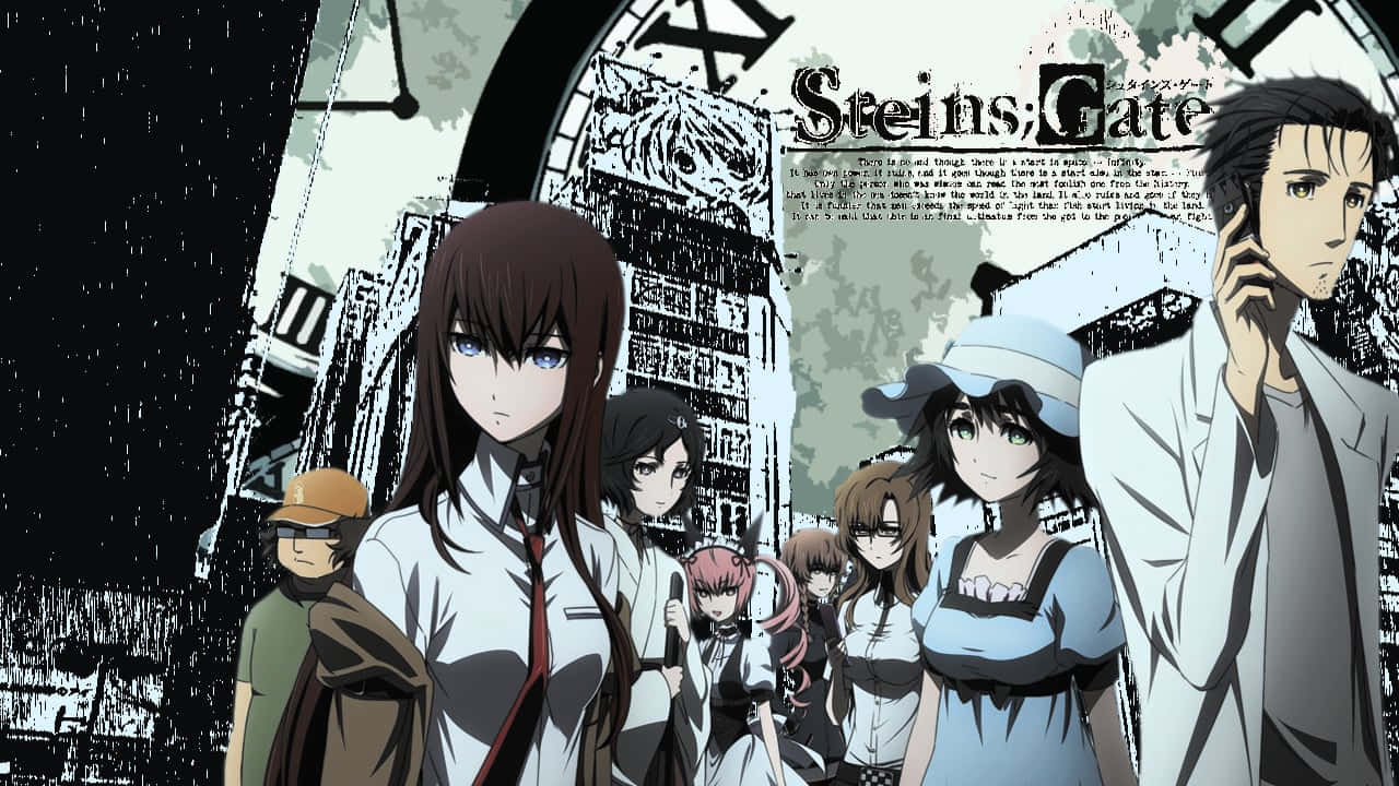 Steins Gate 桌布 壁紙 — 來自《命運石之門》的動畫角色站在一個風格化的城市場景中，有一座大型鐘樓和粗糙的紋理。