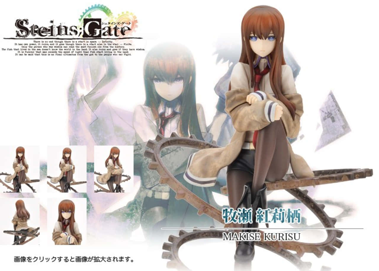 kurisu makise 桌布 壁紙 — 來自《命運石之門》的牧瀨紅莉栖動漫人偶，擺放在一個大齒輪上，背景有漂浮的紙張和角色藝術面板。
