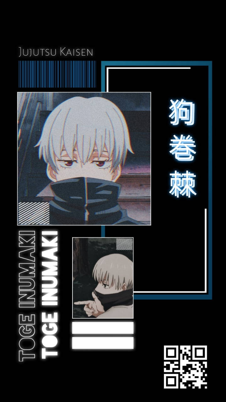 動漫男孩 桌布 壁紙 — 來自《咒術迴戰》的動漫角色狗卷棘，白髮和黑色口罩，以風格化的圖形佈局呈現。