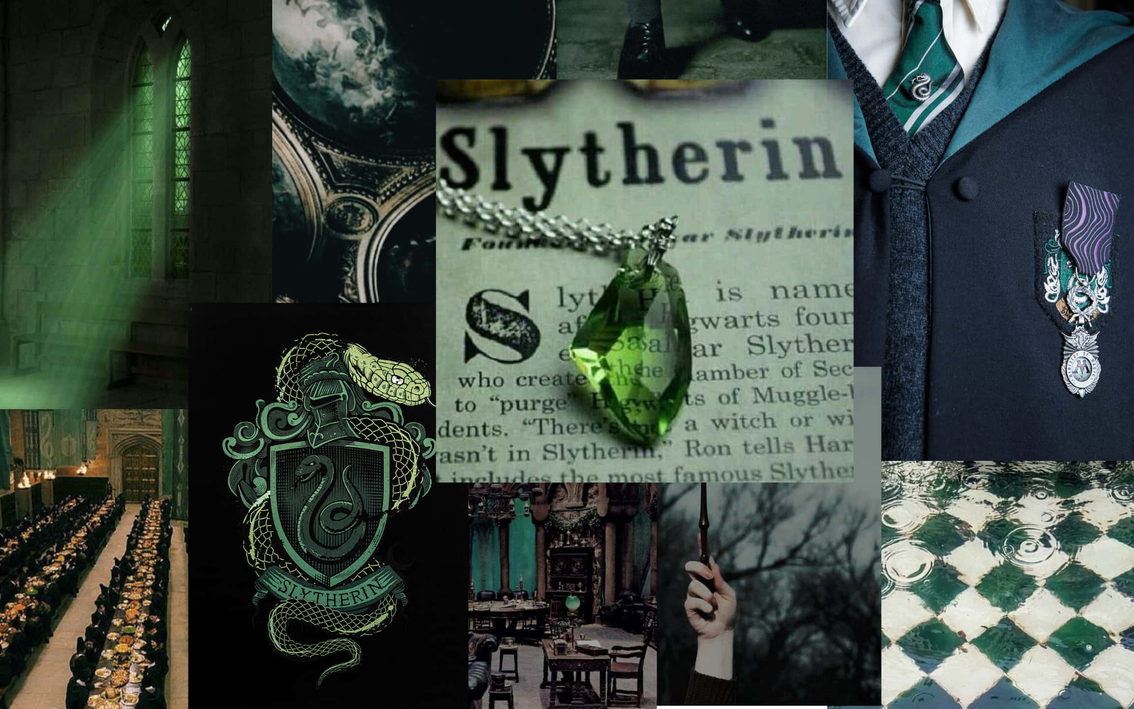 Cute Slytherin 桌布 壁紙 — 來自《哈利波特》史萊哲林學院的圖像拼貼，特色包括綠色和銀色點綴、蛇形徽章、學生及標誌性裝飾。