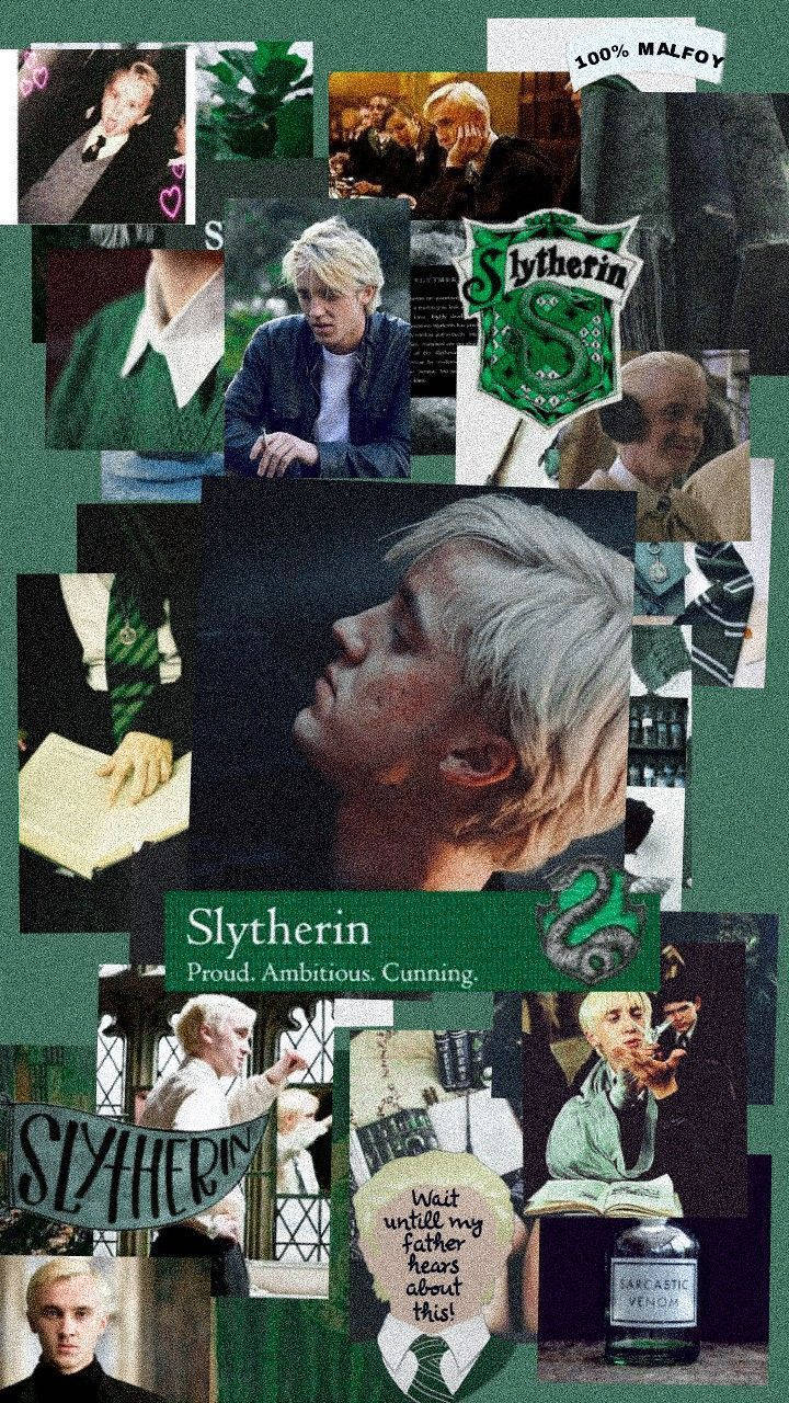 draco 桌布 壁紙 — 來自《哈利波特》的 Draco Malfoy 圖片拼貼，帶有史萊哲林綠色點綴和語錄。
