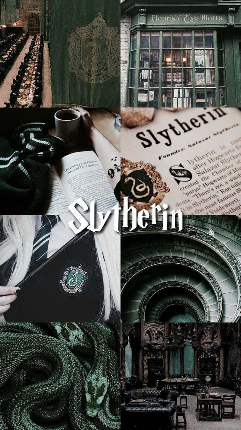 Slytherin Phone 桌布 壁紙 — 來自《哈利波特》的史萊哲林學院圖像拼貼，特色包括綠色橫幅、書籍、蛇形徽章及標誌性室內設計。