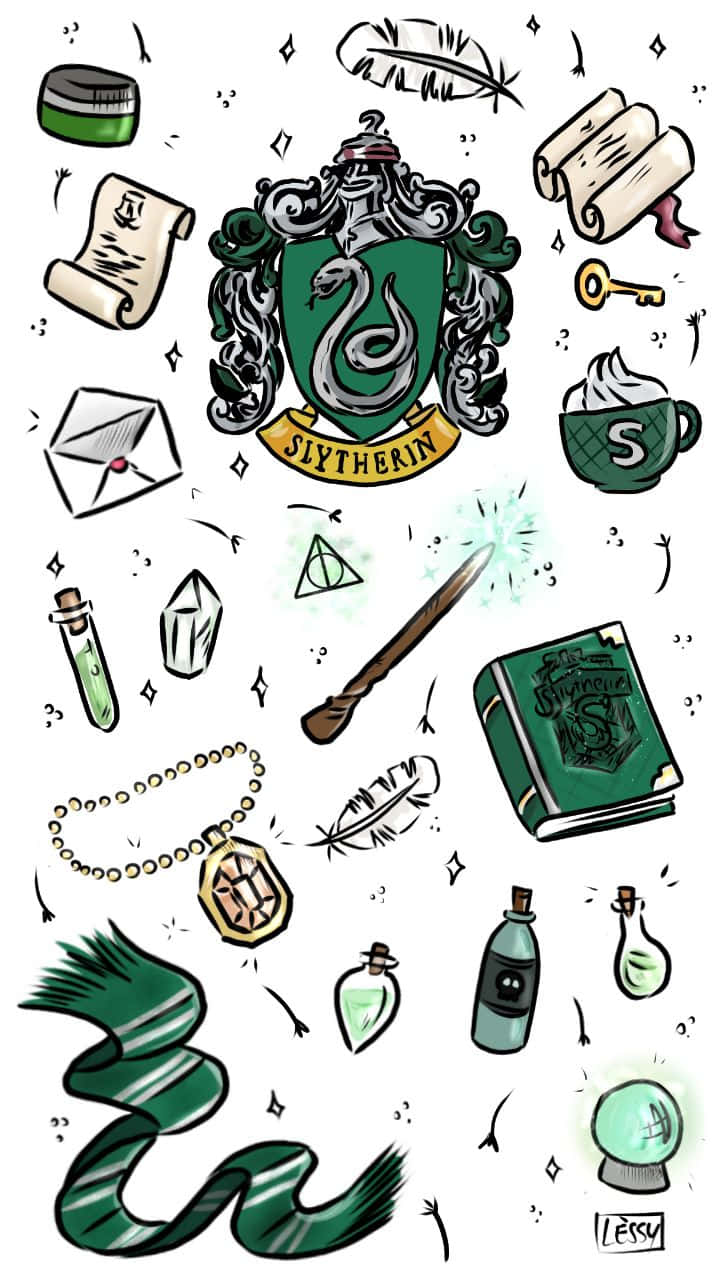 Cute Slytherin 桌布 壁紙 — 來自《哈利波特》的史萊哲林學院物品的奇思妙想系列，包括院徽、魔杖和綠色魔法神器。