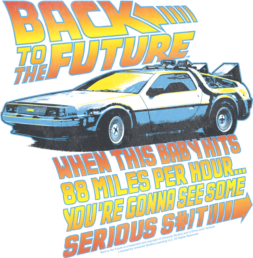Future 桌布 壁紙 — 來自《回到未來》的 DeLorean 時光機的充滿活力的 80 年代風格圖形，帶有醒目的橙色、黃色和藍色文字，宣示著每小時 88 英里。